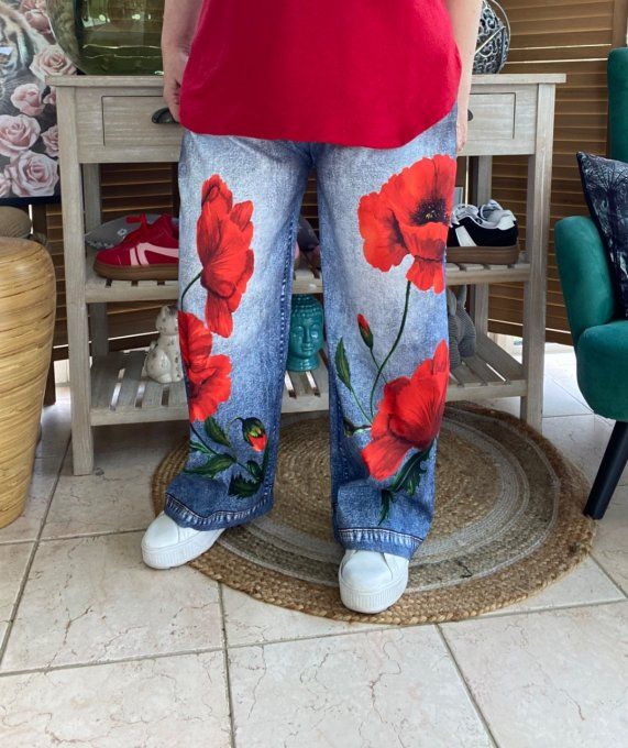pantalon façon Palazzo effet jeans délavé coquelicots Rouges confort +++ du 42 au 52/54