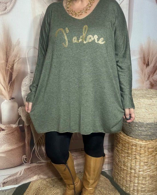 Tunique longue ou robe courte Kaki chiné J'adore doré or douceur +++ du 40 au 52/54