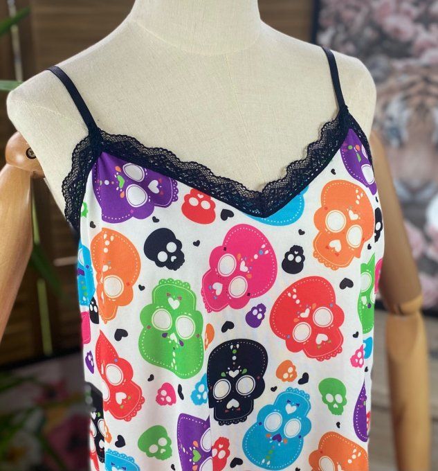 Caraco Débardeur bretelles réglables Mexican Skulls Calaveras multicolores du 38 au 48