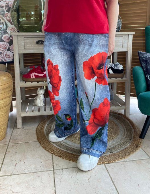 pantalon façon Palazzo effet jeans délavé coquelicots Rouges confort +++ du 42 au 52/54