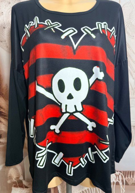 Top ample noir manches longues Coeur rayé rouge Skulls Calavera du 40 au 52/54