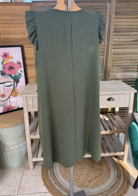Robe trapèze Kaki épaules volantées & broche dorée or du 40 au 52