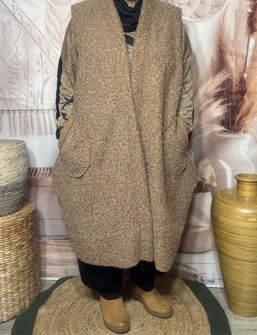 gilet long sans manches ample bouclette camel chiné du 40 au 52