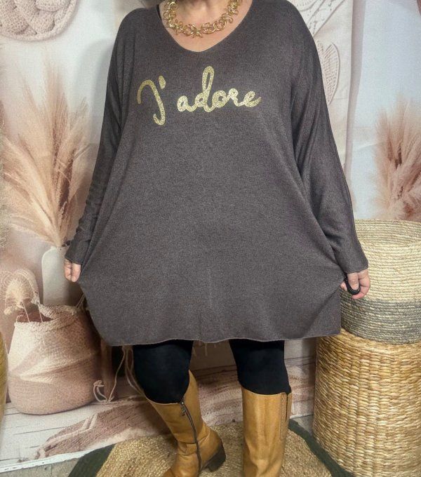 Tunique longue ou robe courte chocolat chiné J'adore doré or douceur +++ du 40 au 52/54 