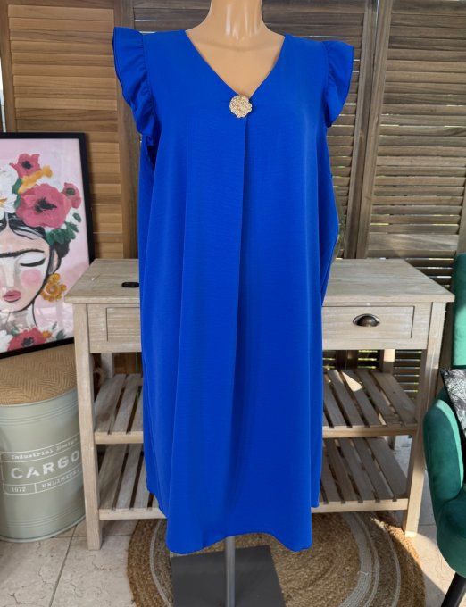 Robe trapèze Bleu Royal épaules volantées & broche dorée or du 40 au 52
