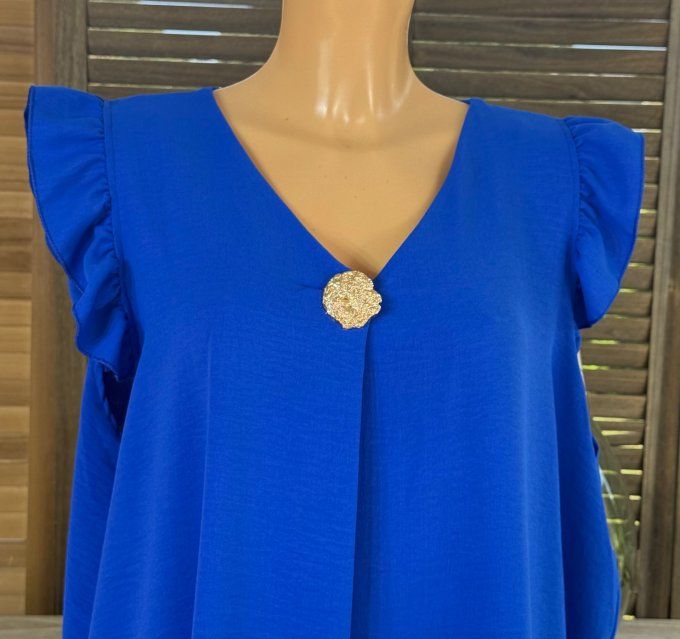 Robe trapèze Bleu Royal épaules volantées & broche dorée or du 40 au 52