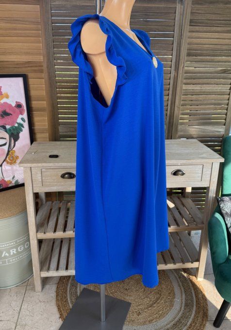 Robe trapèze Bleu Royal épaules volantées & broche dorée or du 40 au 52