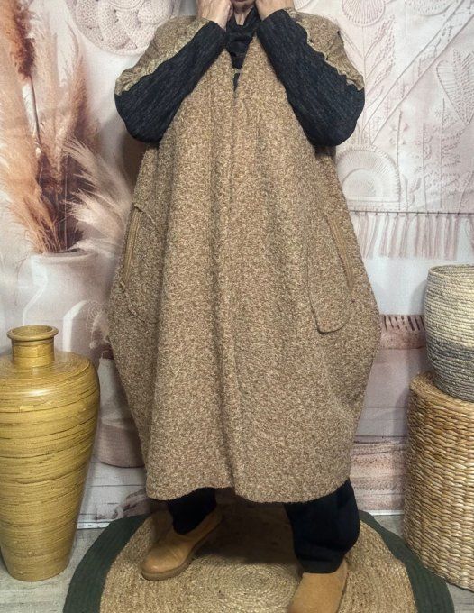 gilet long sans manches ample bouclette camel chiné du 40 au 52