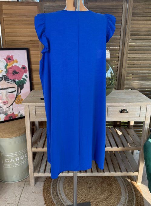 Robe trapèze Bleu Royal épaules volantées & broche dorée or du 40 au 52