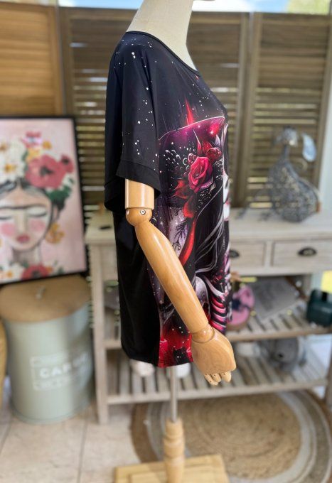 Top ample noir Pretty Skeleton Girl with Hat du 38 au 48/50 
