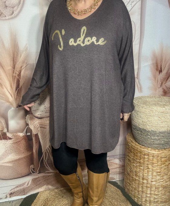 Tunique longue ou robe courte chocolat chiné J'adore doré or douceur +++ du 40 au 52/54 