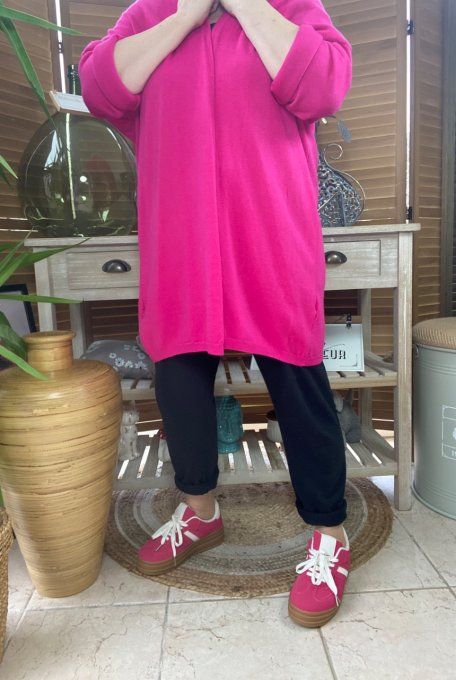 Gilet long sans laine ample Fuschia étoile rose douceur ++++ du 38 au 50/52 