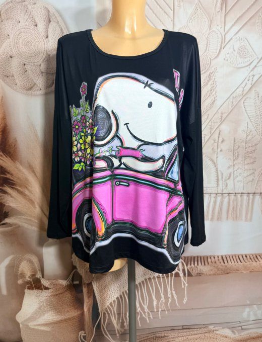 Top ample noir manches longues Snoopy au bouquet de Fleurs en voiture du 40 au 52/54