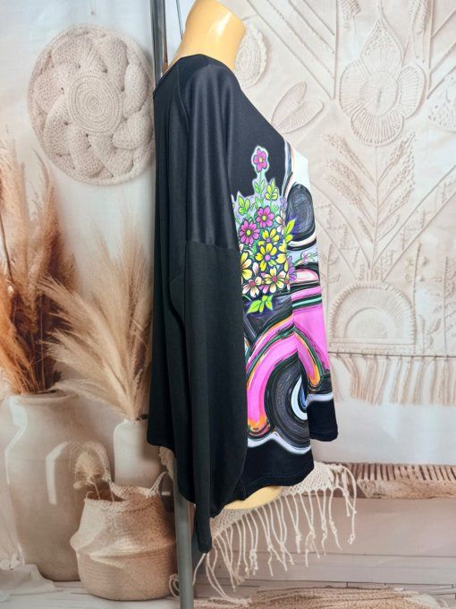 Top ample noir manches longues Snoopy au bouquet de Fleurs en voiture du 40 au 52/54