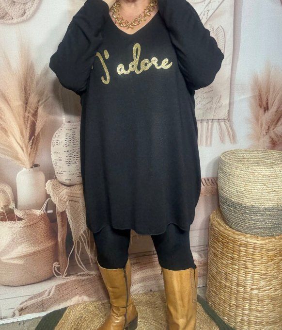 Tunique longue ou robe courte noire J'adore doré or douceur +++ du 40 au 52/54