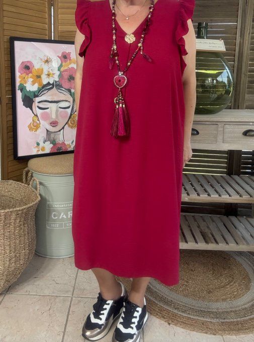 Robe trapèze Bordeaux épaules volantées & broche dorée or du 40 au 52