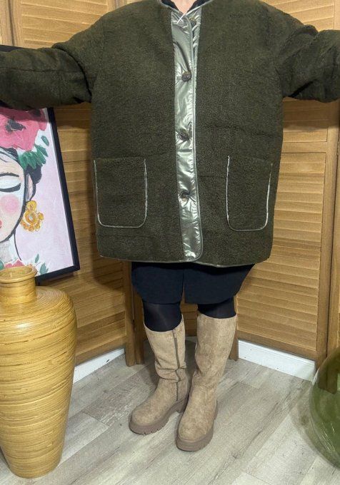 Parka réversible kaki brillant mat & moumoute sherpa du 40 au 50/52 