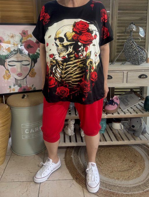 Top ample noir Skeleton & Red Roses du 38 au 48/50
