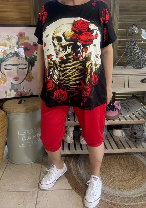 Top ample noir Skeleton & Red Roses du 38 au 48/50