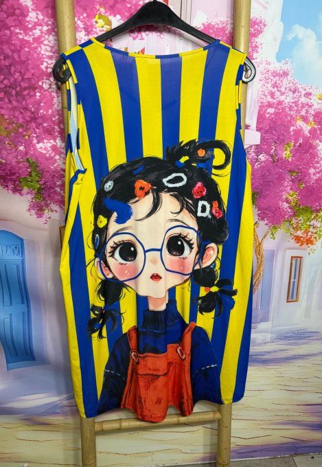 Robe trapèze débardeur lycra rayée bleu royal jaune citron La Fillette à lunettes du 38 au 48/50