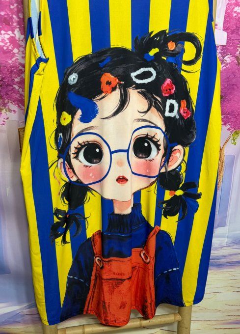 Robe trapèze débardeur lycra rayée bleu royal jaune citron La Fillette à lunettes du 38 au 48/50