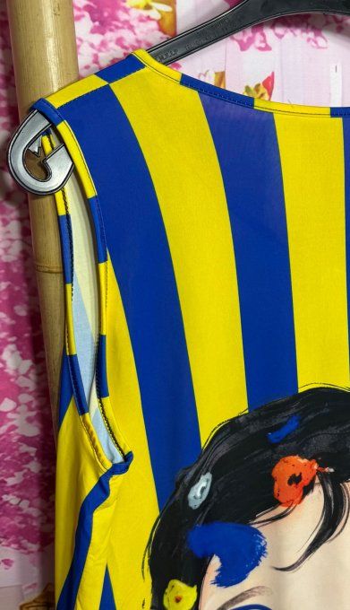 Robe trapèze débardeur lycra rayée bleu royal jaune citron La Fillette à lunettes du 38 au 48/50