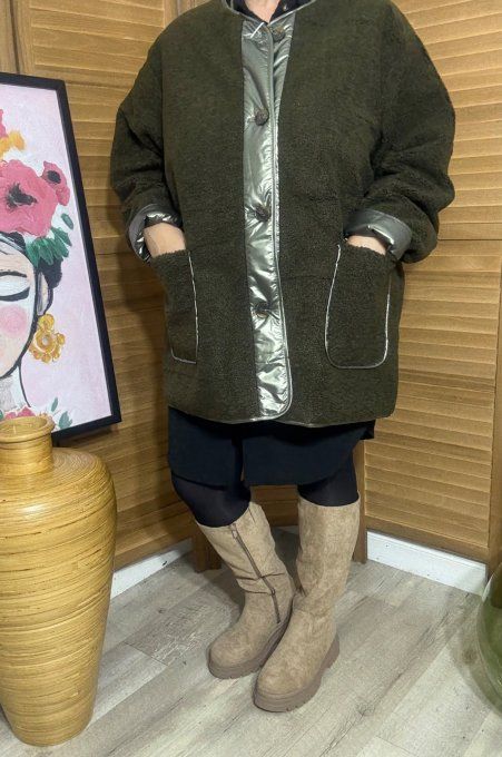 Parka réversible kaki brillant mat & moumoute sherpa du 40 au 50/52 