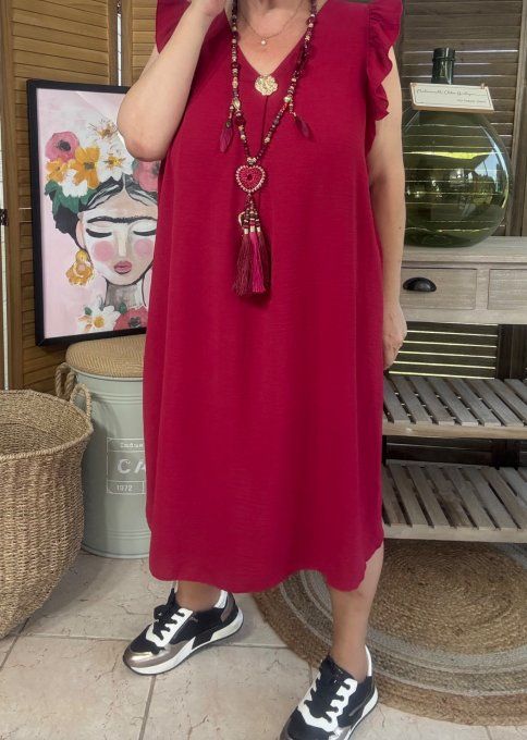 Robe trapèze Bordeaux épaules volantées & broche dorée or du 40 au 52