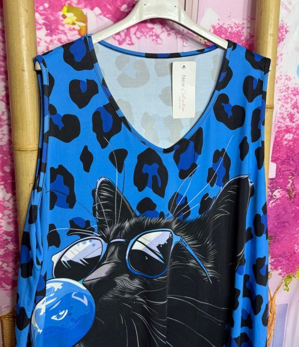 Robe trapèze débardeur lycra Léopard bleu Le Chat Noir Bubble Gum du 38 au 48/50
