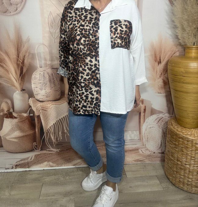 Chemise ample bicolore blanc Léopard camel caramel du 40 au 50/52 