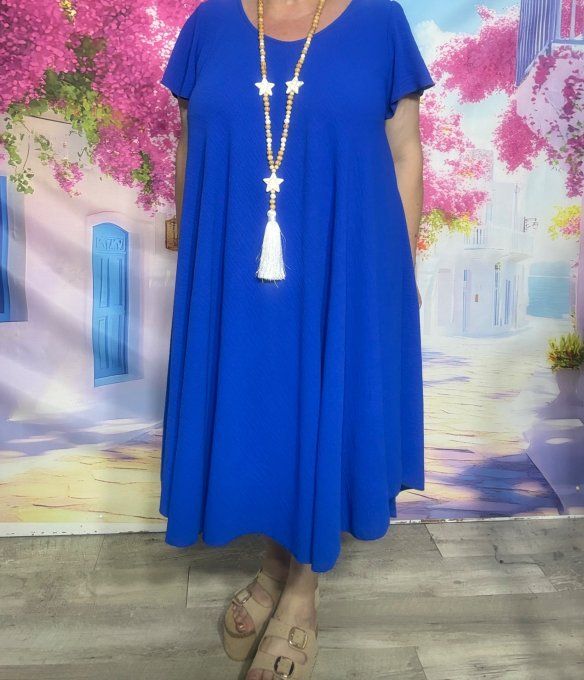 Robe trapèze mi-longue Bleu Royal manches courtes volantées douceur ++++ du 38 au 50