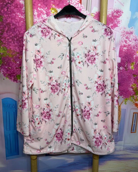 Gilet ou Veste à capuche oversize rose poudré Fleurs Liberty du 38 au 48/50 et même +   