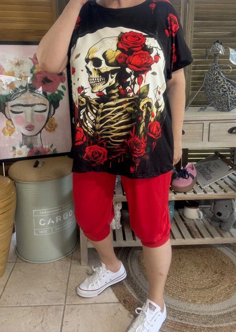 Top ample noir Skeleton & Red Roses du 38 au 48/50