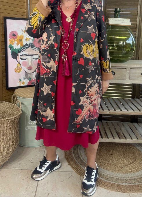 Veste longue suédine noire Betty. Boop. étoiles rouges du 36 au 46 et même + 