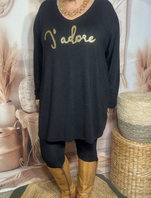 Tunique longue ou robe courte noire J'adore doré or douceur +++ du 40 au 52/54
