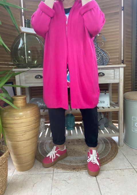 Gilet long sans laine ample Fuschia étoile rose douceur ++++ du 38 au 50/52 
