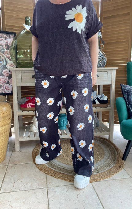 pantalon façon Palazzo effet jeans noir délavé Les Pâquerettes confort +++ du 42 au 52/54