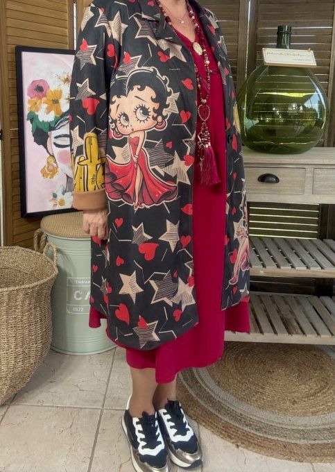 Veste longue suédine noire Betty. Boop. étoiles rouges du 36 au 46 et même + 