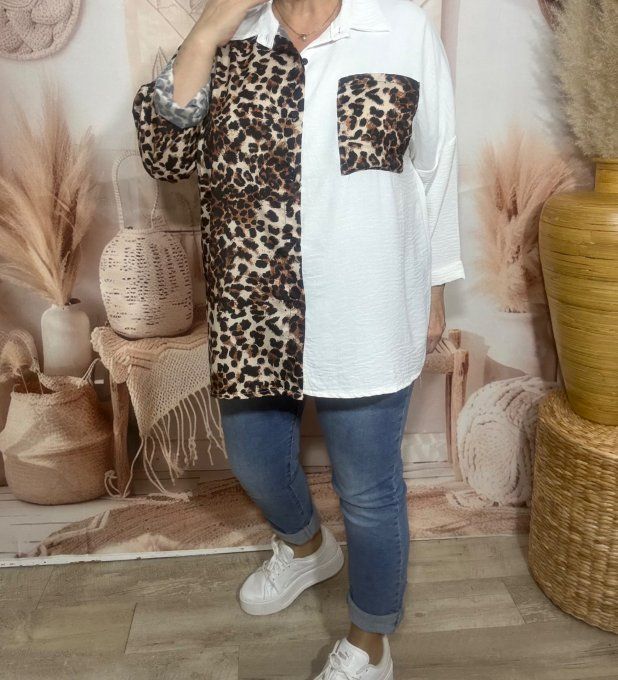 Chemise ample bicolore blanc Léopard camel caramel du 40 au 50/52 