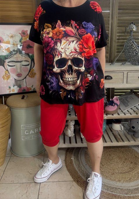 Top ample noir Skulls & Fleurs multicolores du 38 au 48/50 