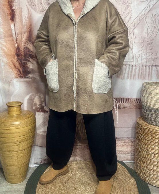 Manteau à capuche camel irisé effet cuir et peau mouton retourné du 40 au 50 et même +