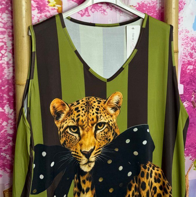 Robe trapèze débardeur lycra Olive rayé chocolat Le majestueux Léopard du 38 au 48/50