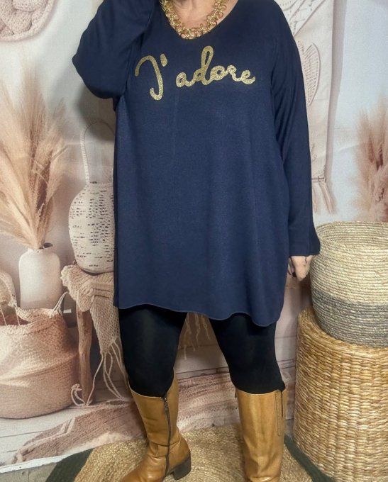 Tunique longue ou robe courte marine J'adore doré or douceur +++ du 40 au 52/54  