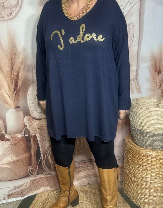 Tunique longue ou robe courte marine J'adore doré or douceur +++ du 40 au 52/54  