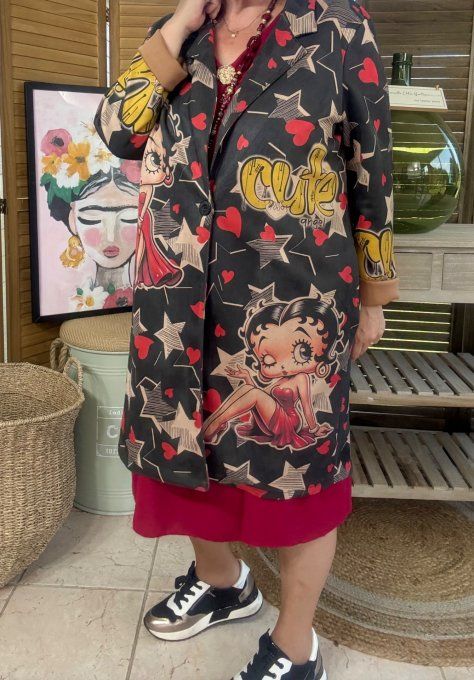 Veste longue suédine noire Betty. Boop. étoiles rouges du 36 au 46 et même + 