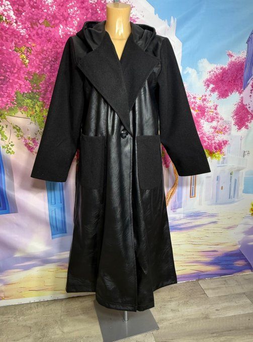 Manteau long noir simili taille réglable doublé Fée Clochette du 36 au 46 et même + porté ouvert