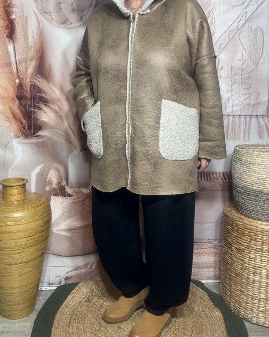 Manteau à capuche camel irisé effet cuir et peau mouton retourné du 40 au 50 et même +