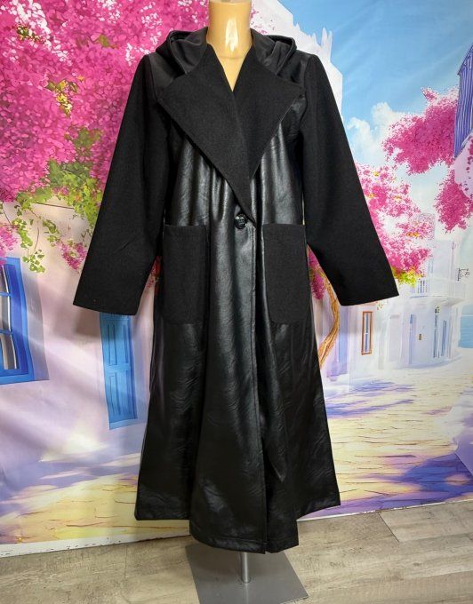 Manteau long noir simili-cuir taille réglable doublé Mickey Mouse du 36 au 46 et même + porté ouvert