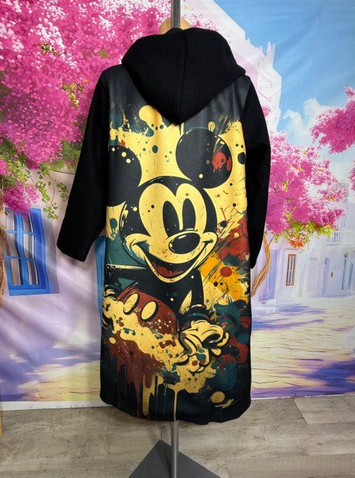 Manteau long noir simili-cuir taille réglable doublé Mickey Mouse du 36 au 46 et même + porté ouvert