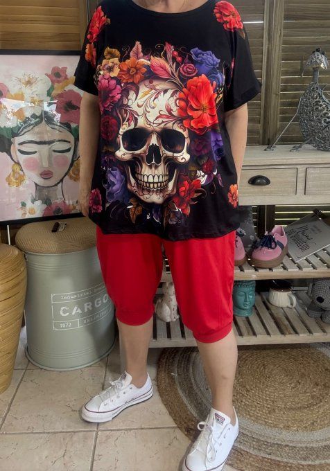 Top ample noir Skulls & Fleurs multicolores du 38 au 48/50 
